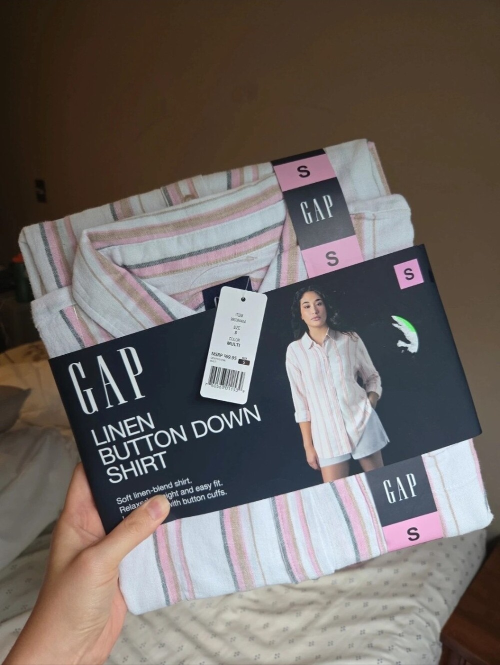 GAP Striped Linen Button-Down Shirt in Pink, White & Light Gray NWT Small